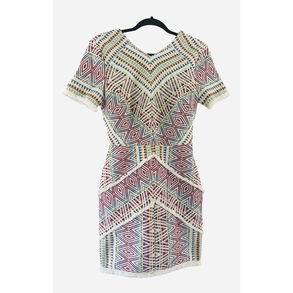 Adelyn Rae Geometric Textured Mini Dress Size Small Cutout Back Fringe Trim Boho